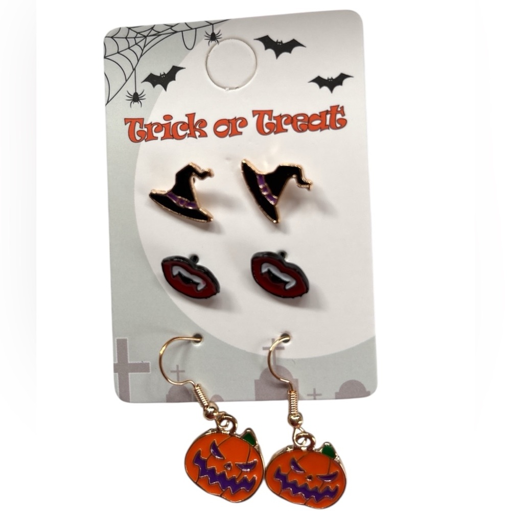 3 Pairs Halloween Earrings Pumpkin Witch Hat Fangs